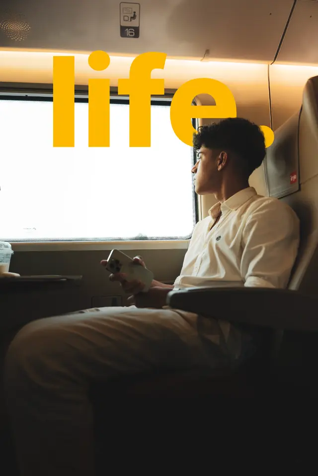 Text behind person